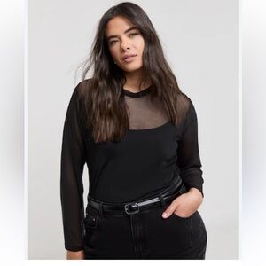 Sympli Black Sheer Mesh Long Sleeve Scoop Neck Top Size 12 NWT Stretch Layering